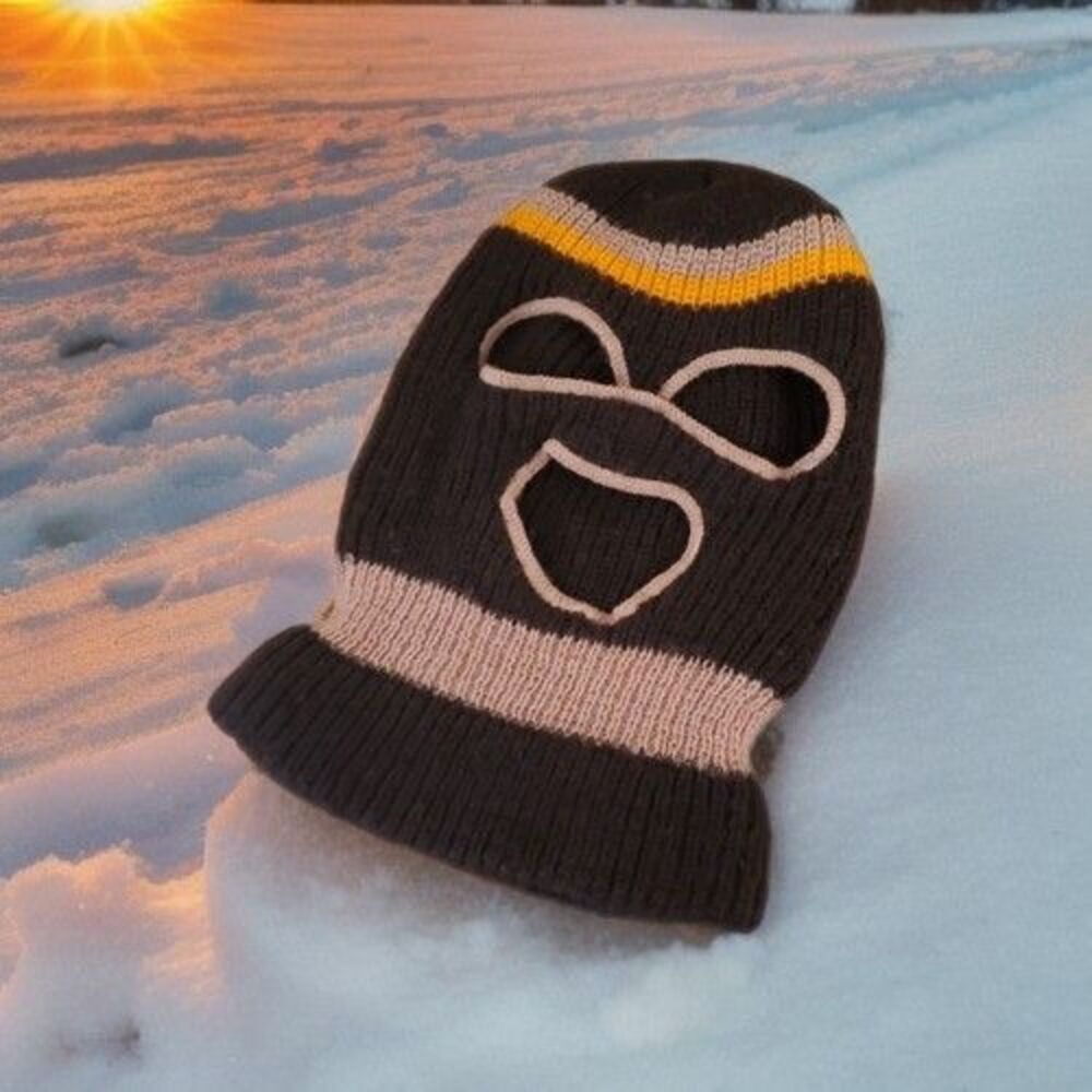 80s Retro Boys Kids Ski Snow Face Mask Knit Hat Brown Tan Orange Vtg Outerwear